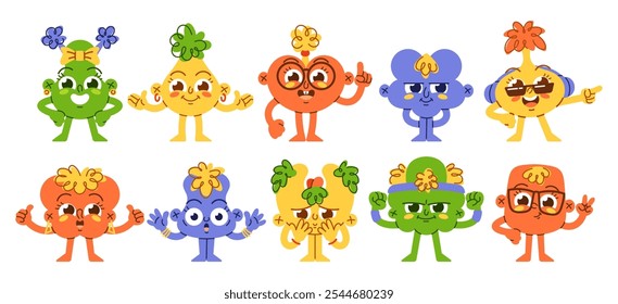 Cute childish weirdos characters with different facial emotions and hand gestures signs isolated set