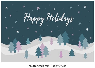 Cute childish winter greeting card with text Happy Holidays, winter snow forest landscape background with simple Christmas trees doodle and snowflakes. Minimalist seasonal template, banner