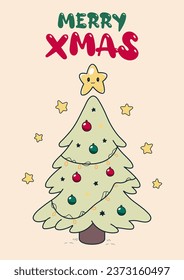 Cute childish winter holiday greeting card with xmas tree, decorations, ornaments, garland, stars. Merry Christmas kawaii lettering. For celebrate, postcard, banner. Happy New concept. Pastel colors.