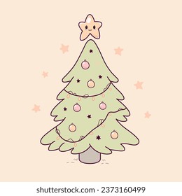 Cute childish winter holiday greeting card with xmas tree, decorations, ornaments, garland, stars. Merry Christmas kawaii vector. For celebrate, postcard, banner. Happy New concept. Pastel colors.