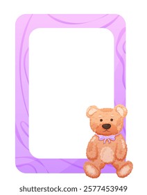 Cute childish wooden frame for photo with plush bear