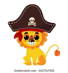 Cute childish yellow kid lion in a pirate costume and a captain's hat with a skull on a white background. Vector illustration in cartoon style.