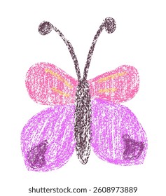 Cute childlike butterfly drawing with crayon brush texture effect