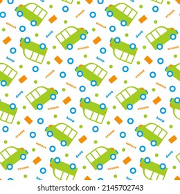 Cute childlike car pattern for infant boys. Baby seamless print with green little buses, light blue wheel on white background. Cartoon transport for children's textile, nursery wallpaper, kids fabric.