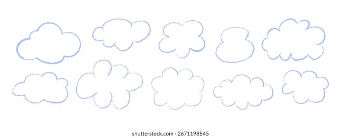 Linda colección de nube infantil. Iconos de nubes de crayón y tiza pastel doodle. Elementos dibujados a mano con textura grunge Vector aislado.