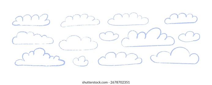 Linda colección de nube infantil. Iconos de nubes de crayón y tiza pastel doodle. Elementos dibujados a mano con textura grunge Vector aislado.