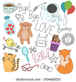 Cute childlike doodles, loves, valentines day, animal, object, art