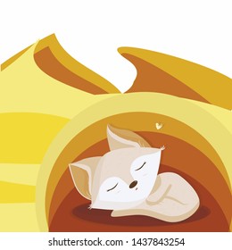 cute childlike illustration of a fennec fox sleeping in its den. Very simplified desert landscape.