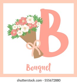 Cute children ABC alphabet B letter flashcard of Bouquet for kids learning English vocabulary in Valentines Day theme.