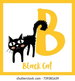 Cute children ABC alphabet B letter flashcard of Black Cat for kids learning English vocabulary in Happy Halloween Day theme. Vector illustration.