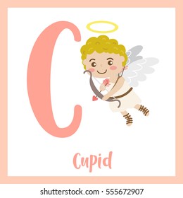 Cute children ABC alphabet C letter flashcard of Cupid for kids learning English vocabulary in Valentines Day theme.