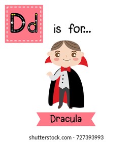 Cute children ABC alphabet D letter tracing flashcard of Dracula for kids learning English vocabulary in Happy Halloween Day theme. Vector illustration.