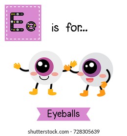 Cute children ABC alphabet E letter tracing flashcard of Eyeballs for kids learning English vocabulary in Happy Halloween Day theme. Vector illustration.