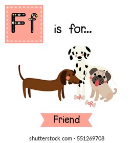 Cute children ABC alphabet F letter tracing flashcard of Friend for kids learning English vocabulary in Valentines Day theme.