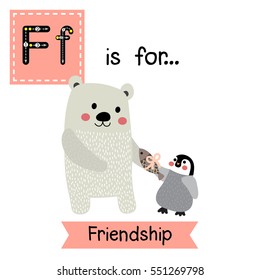 Cute children ABC alphabet F letter tracing flashcard of Friendship for kids learning English vocabulary in Valentines Day theme.