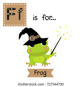 Cute children ABC alphabet F letter tracing flashcard of Frog with witch hat and magic wand for kids learning English vocabulary in Happy Halloween Day theme. Vector illustration.