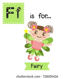 Cute children ABC alphabet F letter tracing flashcard of flying Fairy for kids learning English vocabulary in Happy Halloween Day theme. Vector illustration.