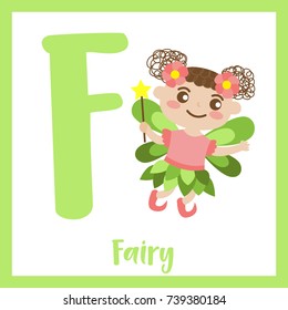 Cute children ABC alphabet F letter flashcard of flying Fairy for kids learning English vocabulary in Happy Halloween Day theme. Vector illustration.