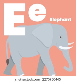 Cute children ABC alphabet flashcard words with the letter E for kids learning English vocabulary. Elephant. Vector illustration