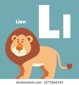 Cute children ABC alphabet flashcard words with the letter L for kids learning English vocabulary. Lion. Vector illustration