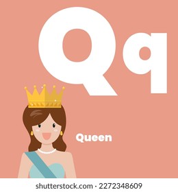 Cute children ABC alphabet flashcard words with the letter Q for kids learning English vocabulary. Queen. Vector illustration
