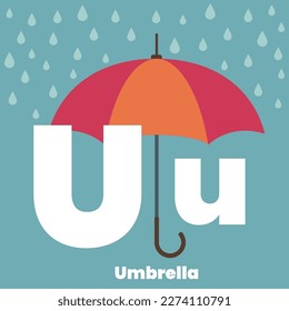 Cute children ABC alphabet flashcard words with the letter U for kids learning English vocabulary. Umbrella. Vector illustration