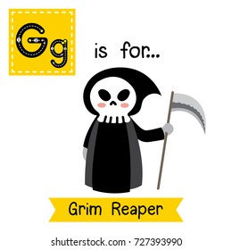 Cute children ABC alphabet G letter tracing flashcard of Grim Reaper for kids learning English vocabulary in Happy Halloween Day theme. Vector illustration.