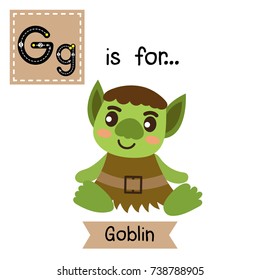 Cute children ABC alphabet G letter tracing flashcard of green Goblin for kids learning English vocabulary in Happy Halloween Day theme. Vector illustration.