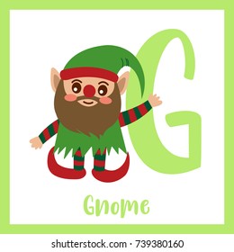 Cute children ABC alphabet G letter flashcard of Gnome for kids learning English vocabulary in Happy Halloween Day theme. Vector illustration.
