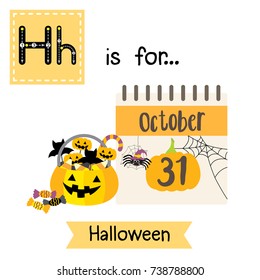 Cute children ABC alphabet H letter tracing flashcard of Halloween for kids learning English vocabulary in Happy Halloween Day theme. Vector illustration.