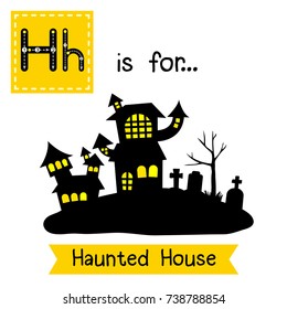 Cute children ABC alphabet H letter tracing flashcard of Haunted House for kids learning English vocabulary in Happy Halloween Day theme. Vector illustration.