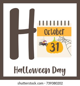 Cute children ABC alphabet H letter flashcard of Halloween Day for kids learning English vocabulary in Happy Halloween Day theme. Vector illustration.