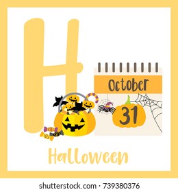 Cute children ABC alphabet H letter flashcard of Halloween for kids learning English vocabulary in Happy Halloween Day theme. Vector illustration.