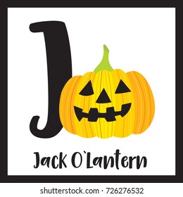 Cute children ABC alphabet J letter flashcard of Jack O'Lantern for kids learning English vocabulary in Happy Halloween Day theme. Vector illustration.