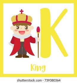 Cute children ABC alphabet K letter flashcard of King for kids learning English vocabulary in Happy Halloween Day theme. Vector illustration.