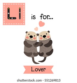 Cute children ABC alphabet L letter tracing flashcard of Lover for kids learning English vocabulary in Valentines Day theme.