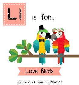 Cute children ABC alphabet L letter tracing flashcard of Love Birds for kids learning English vocabulary in Valentines Day theme.