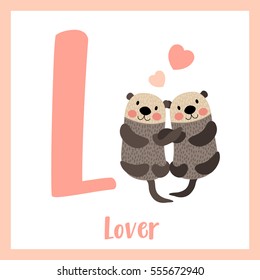 Cute children ABC alphabet L letter flashcard of Lover for kids learning English vocabulary in Valentines Day theme.