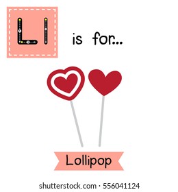 Cute children ABC alphabet L letter tracing flashcard of Lollipop for kids learning English vocabulary in Valentines Day theme.