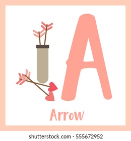 Cute children ABC alphabet A letter flashcard of Arrow for kids learning English vocabulary in Valentines Day theme.