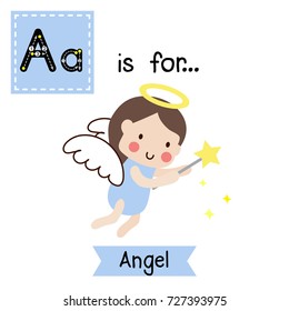 Cute children ABC alphabet A letter tracing flashcard of Flying Angel with magic wand in her hand for kids learning English vocabulary in Happy Halloween Day theme. Vector illustration.