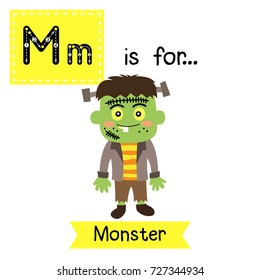 Cute children ABC alphabet M letter tracing flashcard of green Monster for kids learning English vocabulary in Happy Halloween Day theme. Vector illustration.