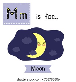 Cute children ABC alphabet M letter tracing flashcard of Moon for kids learning English vocabulary in Happy Halloween Day theme. Vector illustration.