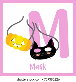 Cute children ABC alphabet M letter flashcard of black cat and pumpkin Mask with ribbons for kids learning English vocabulary in Happy Halloween Day theme. Vector illustration.