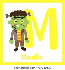 Cute children ABC alphabet M letter flashcard of green Monster for kids learning English vocabulary in Happy Halloween Day theme. Vector illustration.