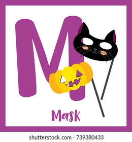 Cute children ABC alphabet M letter flashcard of black cat and pumpkin Mask with stick for kids learning English vocabulary in Happy Halloween Day theme. Vector illustration.