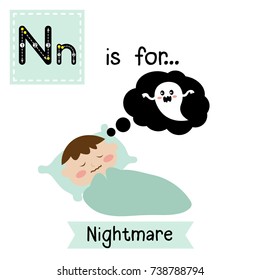 Cute children ABC alphabet N letter tracing flashcard of Nightmare for kids learning English vocabulary in Happy Halloween Day theme. Vector illustration.