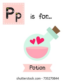 Cute children ABC alphabet P letter tracing flashcard of pink Potion for kids learning English vocabulary in Happy Halloween Day theme. Vector illustration.