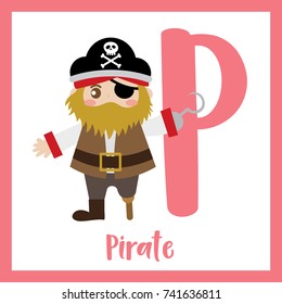 Cute children ABC alphabet P letter flashcard of Pirate for kids learning English vocabulary in Happy Halloween Day theme. Vector illustration.