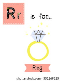 Cute Children ABC Alphabet R Letter Tracing Flashcard Of Ring For Kids Learning English Vocabulary In Valentines Day Theme.